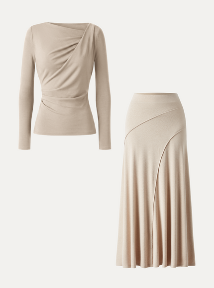 2Pcs Set Asymmetrical Neck Top & Drapey A-Line Midi Skirt