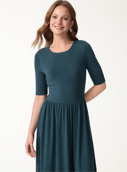 Round Neck Fit-and-Flare Midi Built-In Bra Dress with Pockets