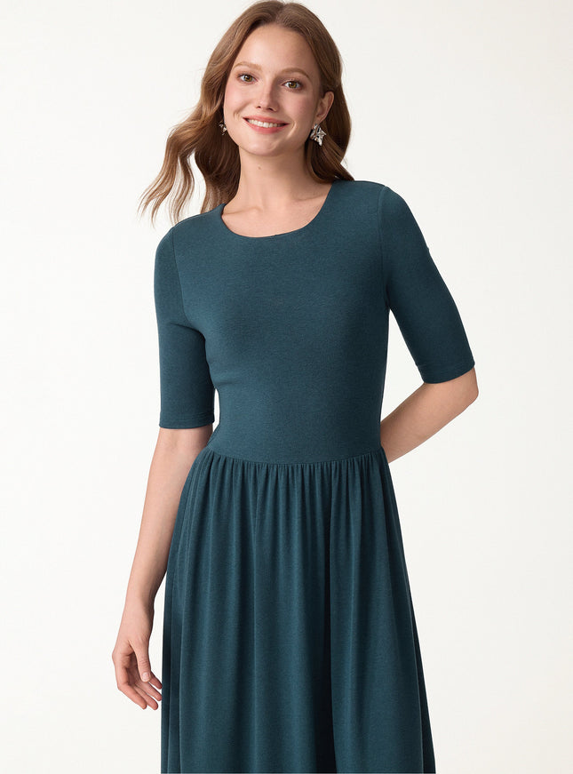 Round Neck Fit-and-Flare Midi Built-In Bra Dress with Pockets