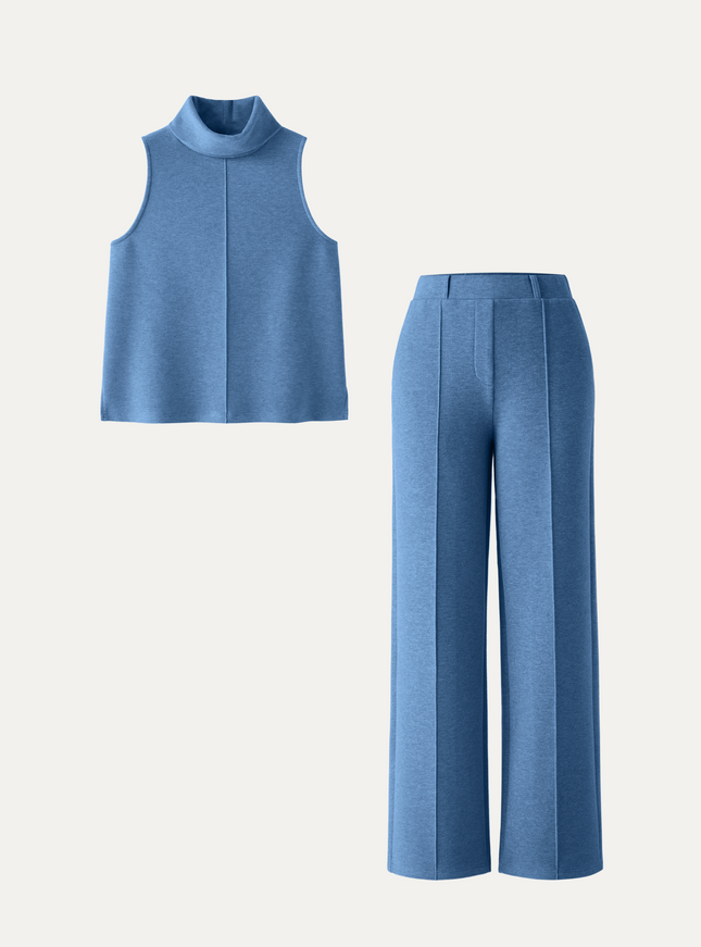 2Pcs Set Regular Split Hem Top & High Waisted Warm Straight Leg Pull On Pant
