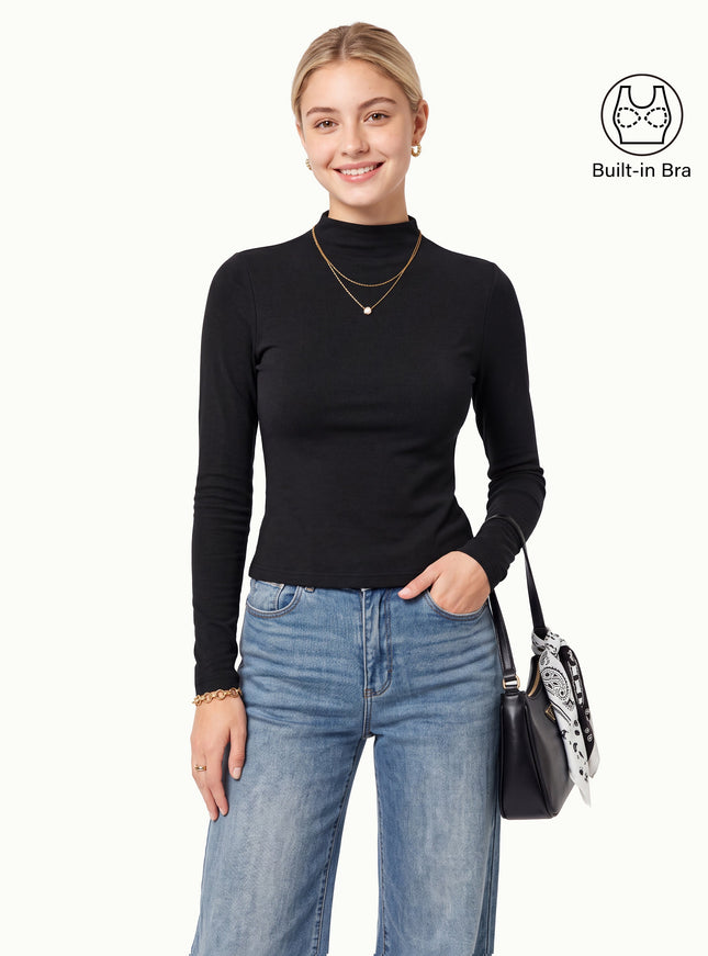 Mock Neck Long Sleeve Built-In Bra Top