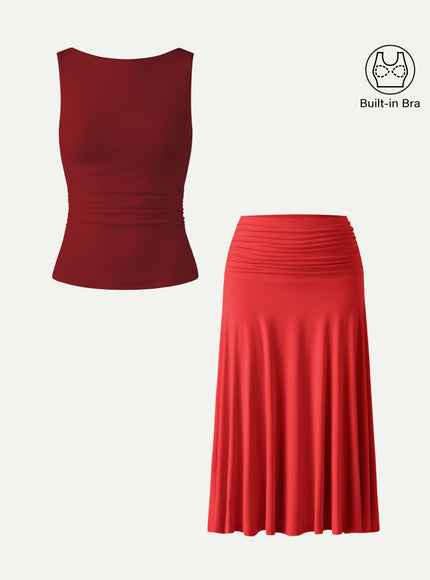 2Pcs Set Open Back Built-In Bra Tank & Side Ruched A-line Midi Skirt