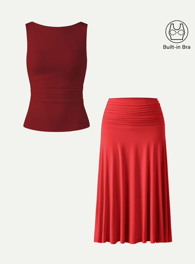 2Pcs Set Open Back Built-In Bra Tank & Side Ruched A-line Midi Skirt