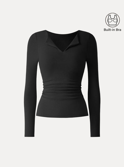 Flapped V-Neck Long Sleeve Ruched Built-In Bra Top