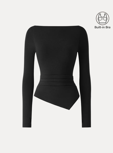 Boatneck Side Tucks Asymmetrical Built-In Bra Top