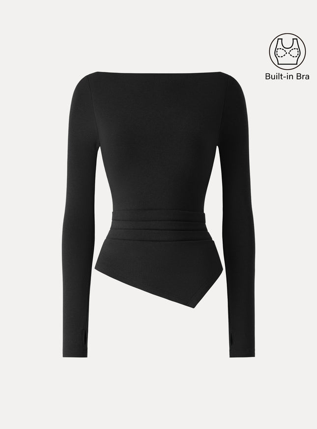 Boatneck Side Tucks Asymmetrical Built-In Bra Top