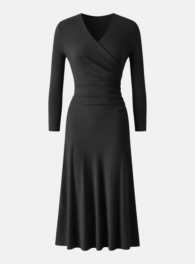 Surplice 3/4 Sleeve Side-Tuck Midi Dress