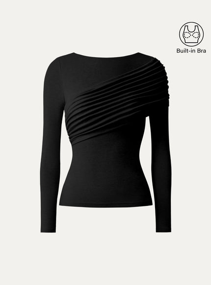 Boatneck Ruched Overlap Built-In Bra Top
