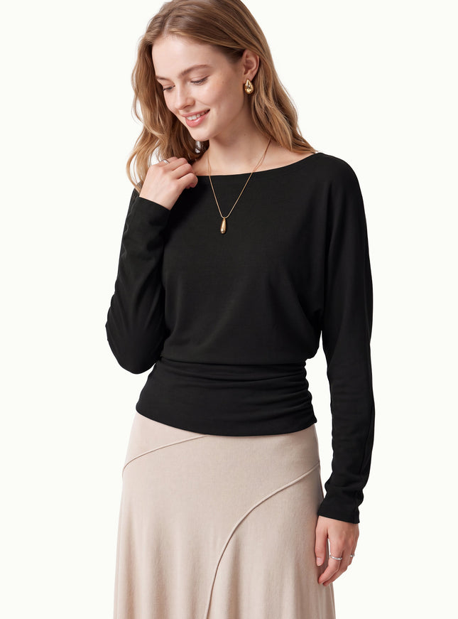 Slash Neck Batwing Sleeve Ruched Banded Hem Top