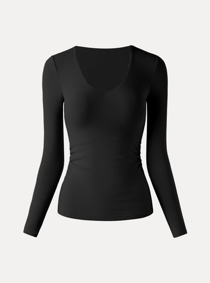 V-Neck Long Sleeve Side-Tuck Built-In Bra Top