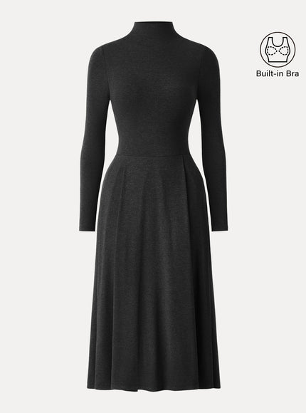 Mockneck Pleated Midi Built-In Bra Dress with Pockets