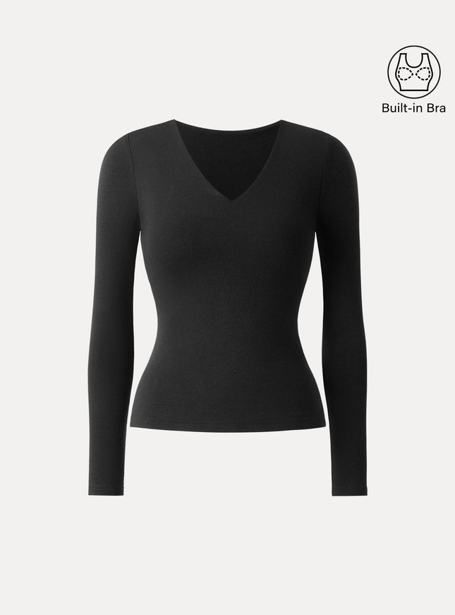 V-Neck Long Sleeve Built-In Bra Top
