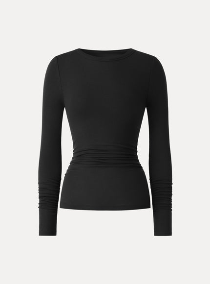 Lyocell-Wool Round Neck Long Sleeve Ruched Top