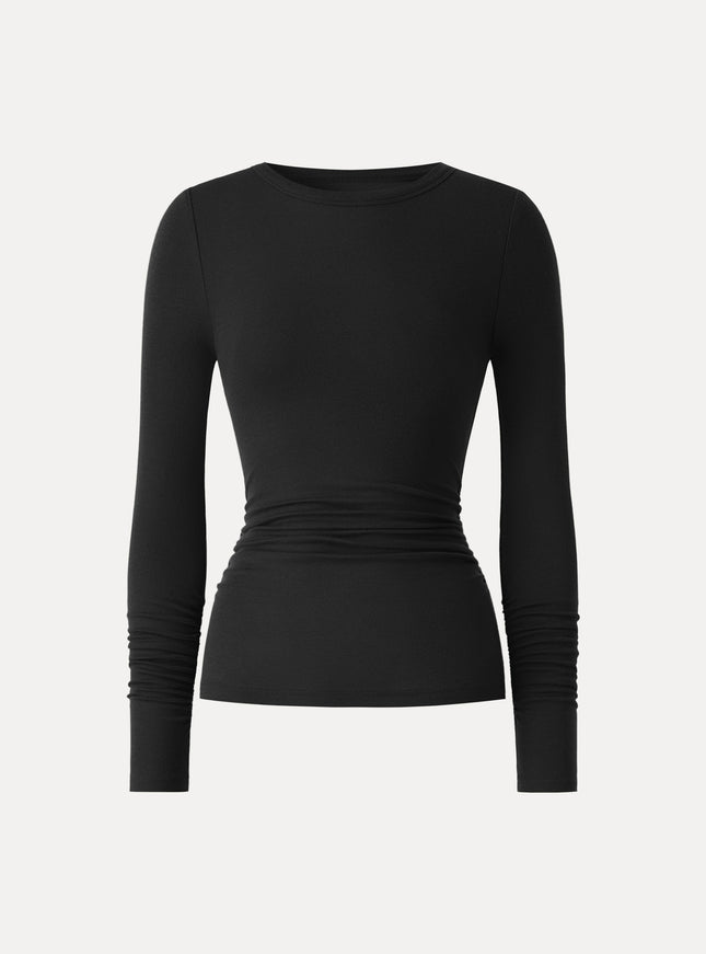 Lyocell-Wool Round Neck Long Sleeve Ruched Top