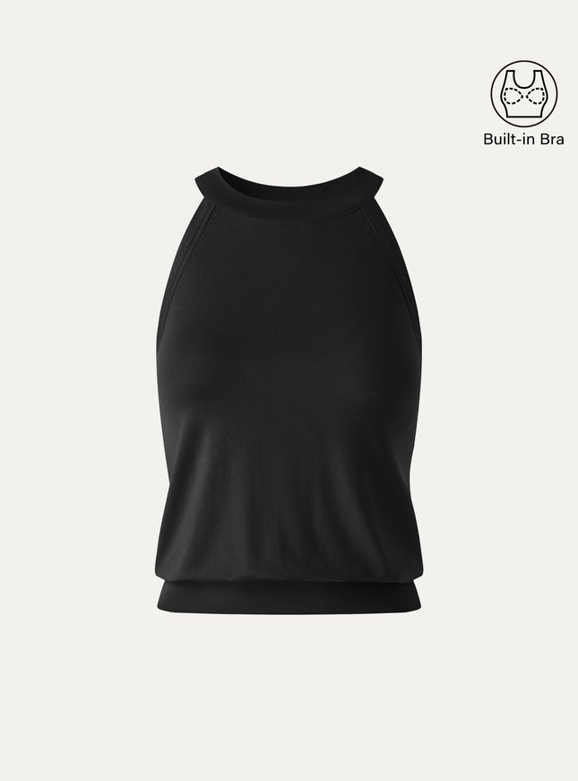 Halter Neck Banded Hem Built-In Bra Tank