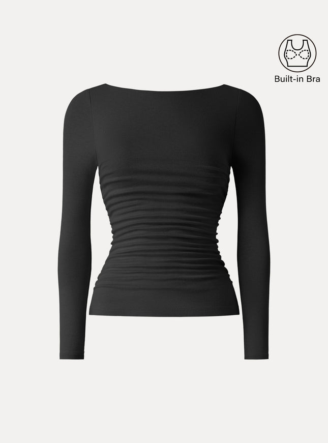 Boatneck Ruched Built-In Bra Top