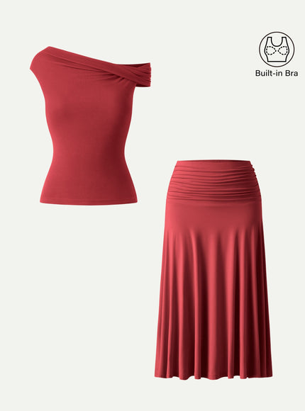 2Pcs Set Multi-wear Built-In Bra Top & Side Ruched A-line Midi Skirt