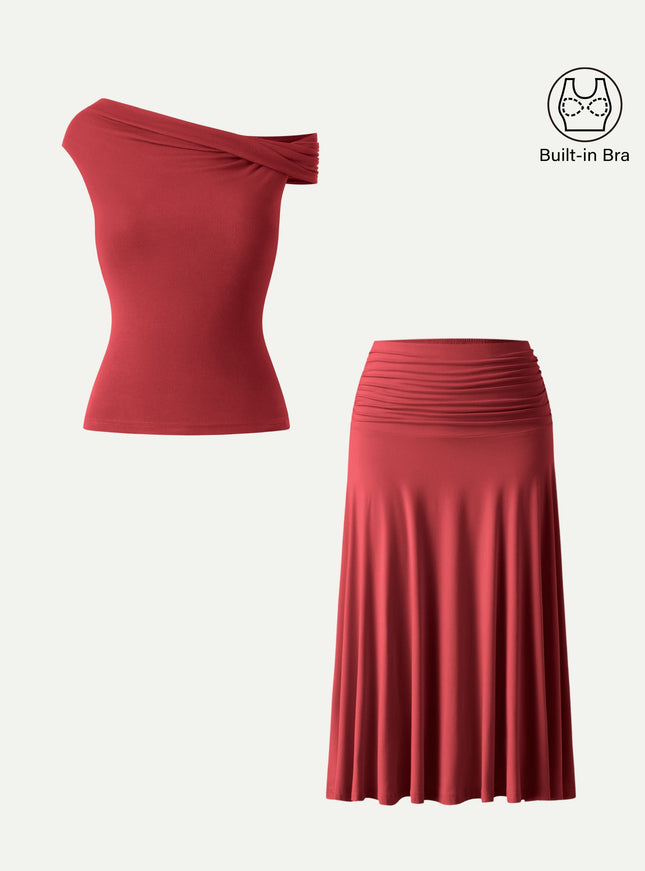 2Pcs Set Multi-wear Built-In Bra Top & Side Ruched A-line Midi Skirt