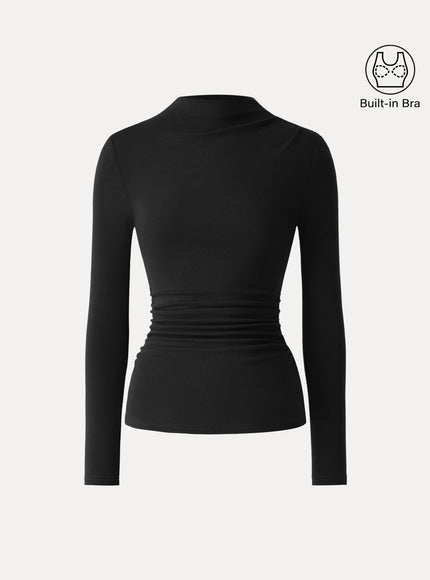 Mock Neck Long Sleeve Ruched Built-In Bra Top
