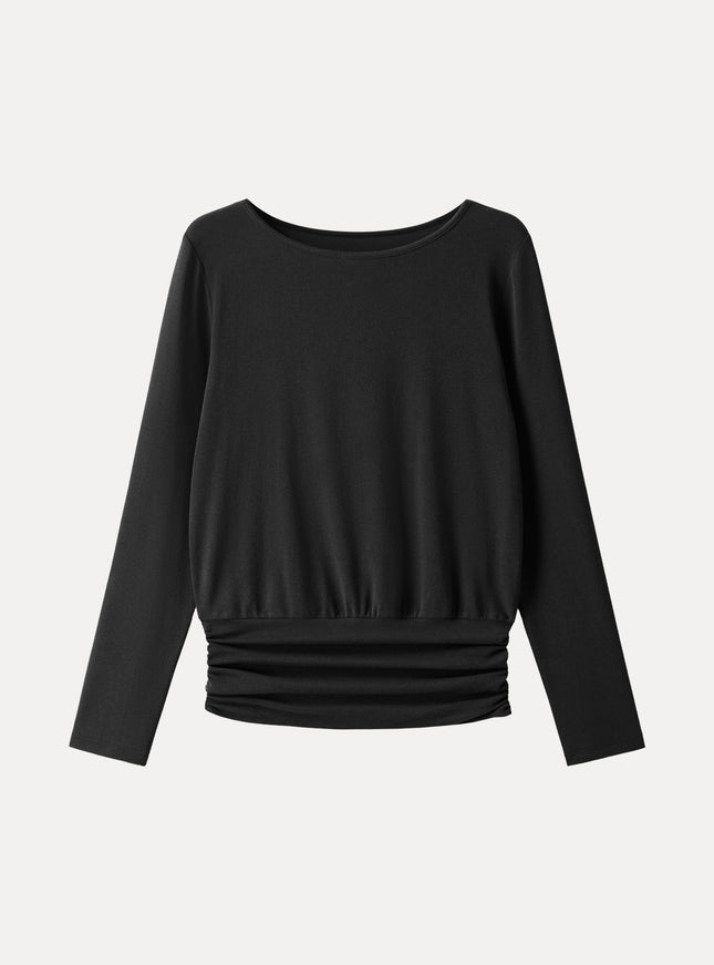 Boatneck Long Sleeve Ruched Banded Hem Top