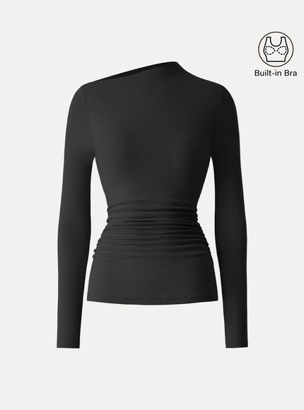 Slanted Mockneck Ruched Built-In Bra Top