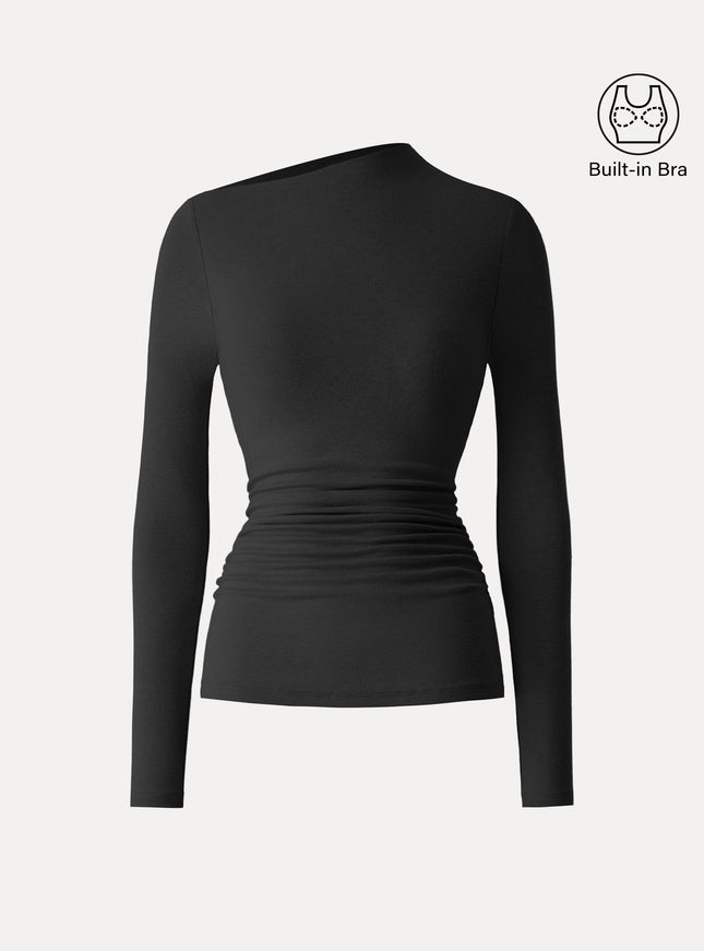 Slanted Mockneck Ruched Built-In Bra Top