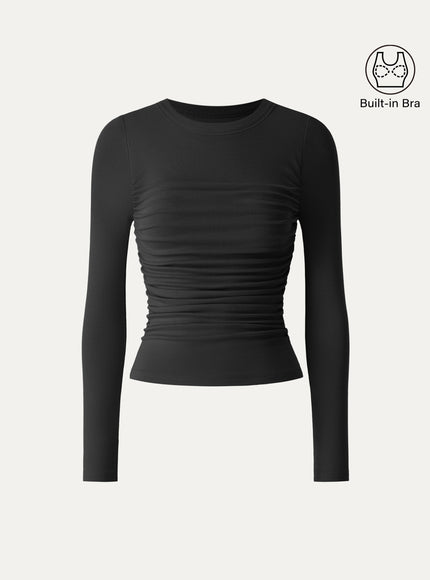 Roundneck Long Sleeve Ruched Built-In Bra Top