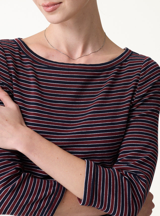 Striped Parisian Boatneck 3/4 Sleeve Built-In Bra Top