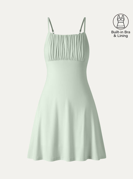 Matte Smooth Square Neck Ruched Spaghetti Mini Built-In Bra Dress