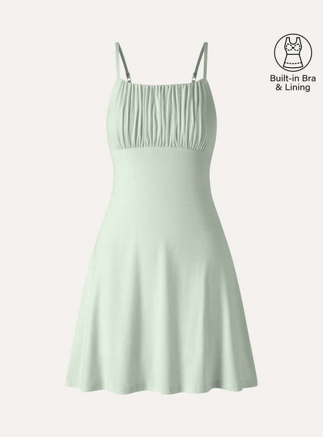 Matte Smooth Square Neck Ruched Spaghetti Mini Built-In Bra Dress