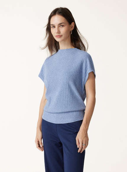 MaxWarm Wide Ribbed Mock Neck Cap Sleeve Banded Hem Top