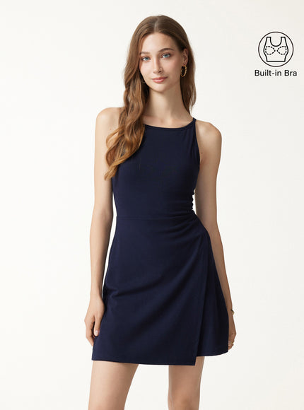 Viscose-Cotton Boatneck Sleeveless Wrap Mini Built-In Bra Dress
