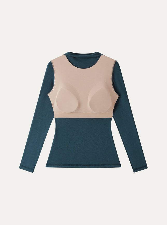 Mockneck Long Sleeve Built-In Bra Top - Forest Night