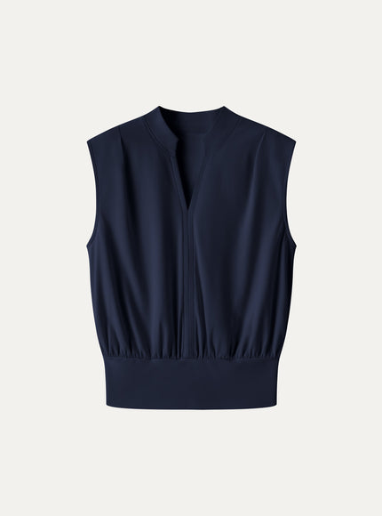 Cotton-Viscose V-neck Stand Collar Sleeveless Top