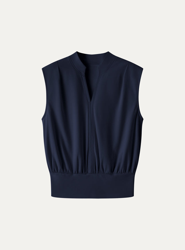 Cotton-Viscose V-neck Stand Collar Sleeveless Top