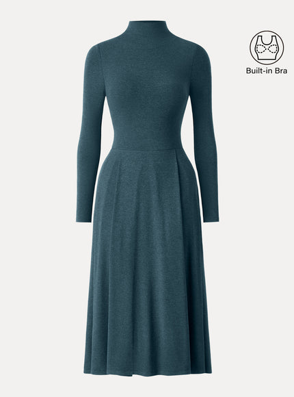 Mockneck Pleated Midi Built-In Bra Dress with Pockets