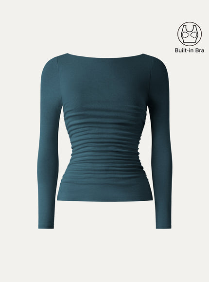 Boatneck Ruched Built-In Bra Top