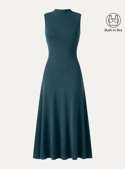 Mock Neck Sleeveless A-Line Midi Built-In Bra Dress