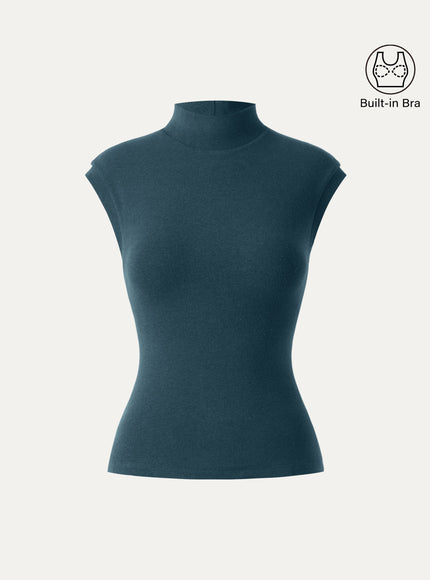 Stretch Cotton Mock Neck Cap Sleeve Built-In Bra Top