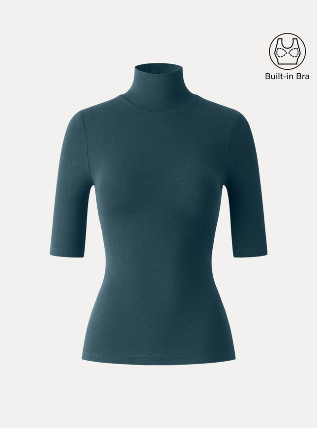 Essential Turtleneck Elbow Length Sleeve Built-In Bra Top - Midnight Navy
