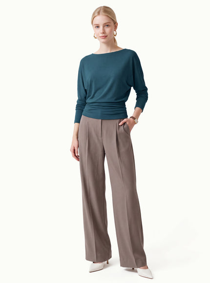 Slash Neck Batwing Sleeve Ruched Banded Hem Top