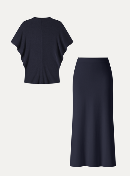 2Pcs Set Mock Neck Cap Sleeve Seamed Top & Mid-Rise Column Midi Skirt