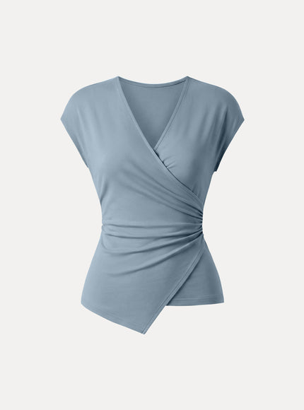 Lyocell Wool Surplice Cap Sleeve Asymmetrical Top