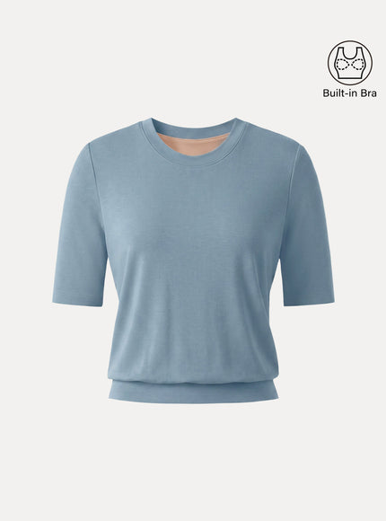Lyocell Wool Crewneck Built-In Bra Top with Banded Hem