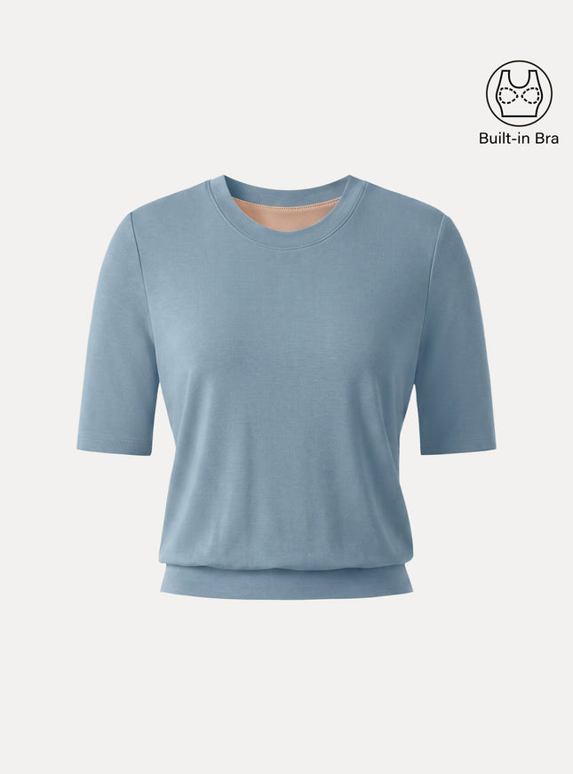 Lyocell Wool Crewneck Built-In Bra Top with Banded Hem