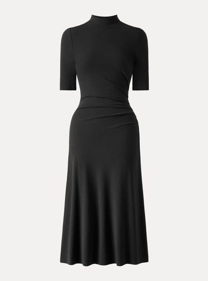 Cotton Blend Mock Neck Elbow Sleeve Tucked A-Line Midi Dress