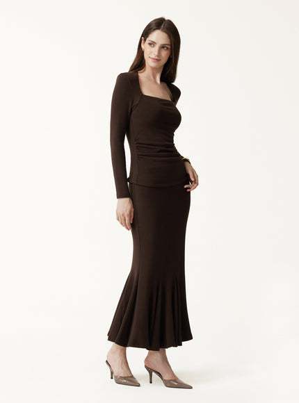 2Pcs Set Trapeze Neck Ruched Built-In Bra Top & High-Rise Mermaid Midi Skirt