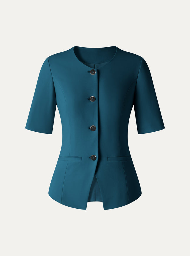 Ponte Office Round Neck Elbow Sleeve Jacket with Pockets