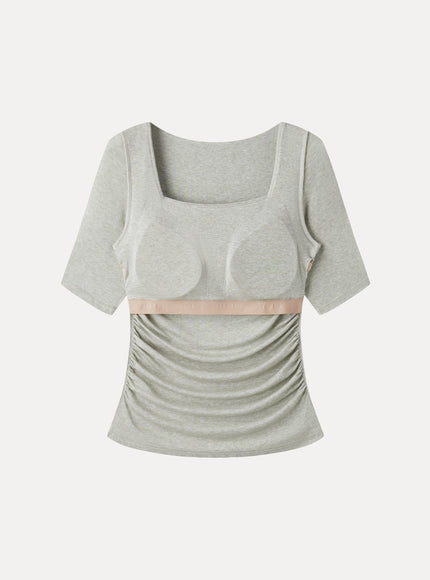 Lyocell-Wool Square Neck Elbow Sleeve Ruched Built-In Bra Top