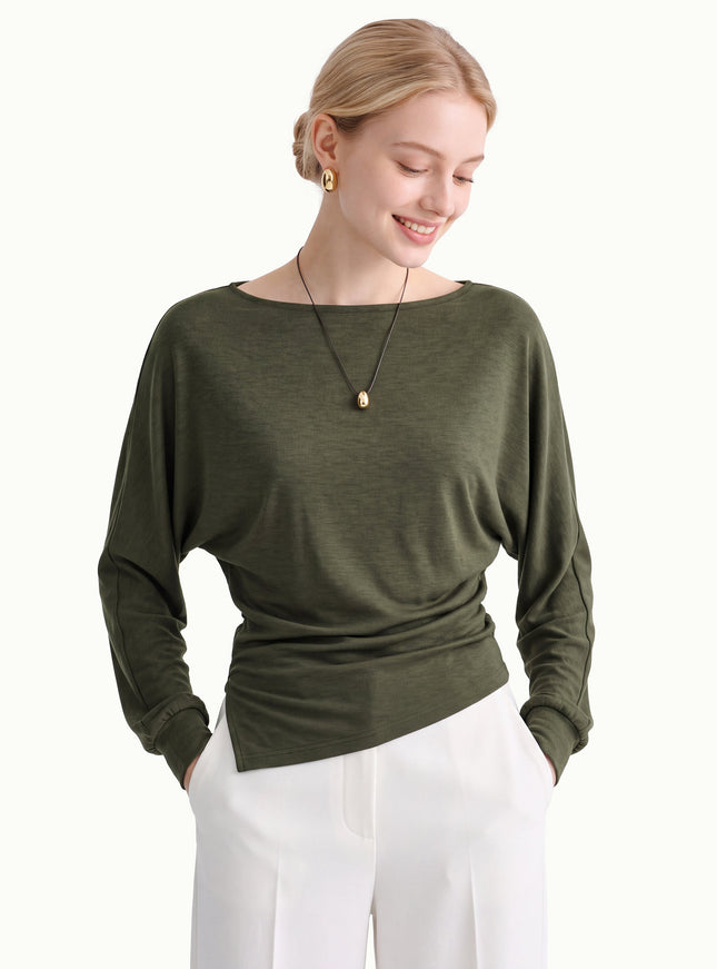 Boatneck Long Sleeve Asymmetrical Hem Top